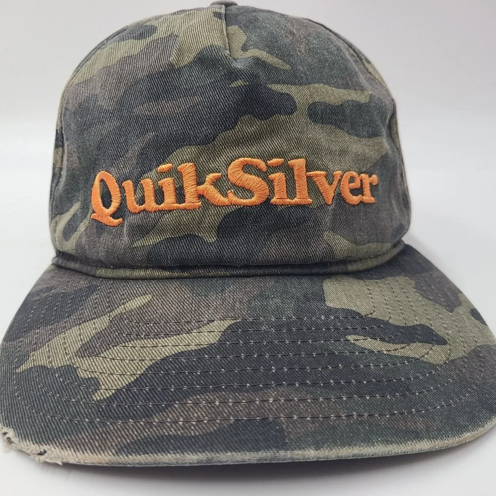 Quiksilver Hat Snapback Camo Green Brown Black Orange Logo Surf Skate Distressed